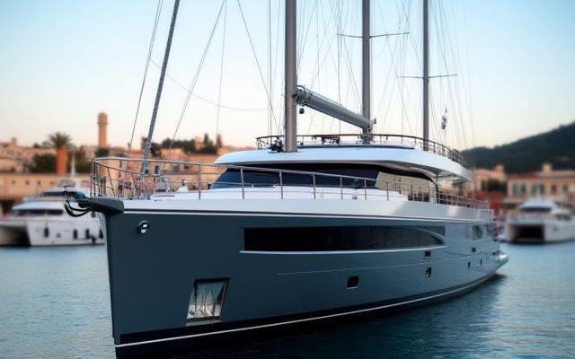 Luxury Sailing Yacht Sybaris in a busy port
